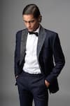 Vivek Patel_Navy Twill, Suiting Embroidery Nero Hand Shawl Lapel Blazer And Trouser _Online_at_Aza_Fashions