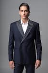 Buy_Vivek Patel_Navy Twill, Suiting Embroidery Nero Hand Shawl Lapel Blazer And Trouser _Online_at_Aza_Fashions