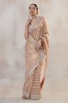 Buy_RICHA AHLUWALIA_Gold Tissue, Silk Zari, Sequins, Embroidery Banarasi Stripe Saree And Blouse _at_Aza_Fashions