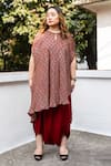 Prahnaaya_Red Satin, Modal Round Ajrakh Hand-blocked Asymmetric Tunic With Dhoti Skirt _Online_at_Aza_Fashions