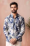 Buy_Arihant Rai Sinha_Blue Linen Printed Floral Motif Short Kurta _at_Aza_Fashions