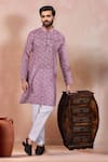 Buy_Arihant Rai Sinha_Purple Linen, Cotton Leaf Motif Pattern Kurta And Pant Set _at_Aza_Fashions