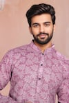 Shop_Arihant Rai Sinha_Purple Linen, Cotton Leaf Motif Pattern Kurta And Pant Set _Online_at_Aza_Fashions