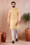 Buy_Arihant Rai Sinha_Mustard Linen, Cotton Abstract Print Kurta And Pant Set _at_Aza_Fashions