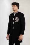 Rng Safawala_Black Terrycloth, Dupion Embroidery Resham Motif Achkan And Pant Set _Online_at_Aza_Fashions