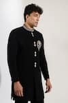 Buy_Rng Safawala_Black Terrycloth, Dupion Embroidery Resham Motif Achkan And Pant Set _Online_at_Aza_Fashions