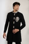 Shop_Rng Safawala_Black Terrycloth, Dupion Embroidery Resham Motif Achkan And Pant Set _Online_at_Aza_Fashions