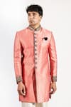Shop_Rng Safawala_Peach Silk, Dupion Embroidery Dabka And Resham Achkan Set _Online_at_Aza_Fashions