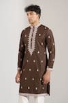 Rng Safawala_Brown Cotton Satin, Dupion Embroidery, Sequins Thread And Kurta Set _Online_at_Aza_Fashions