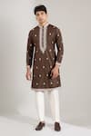 Buy_Rng Safawala_Brown Cotton Satin, Dupion Embroidery, Sequins Thread And Kurta Set _at_Aza_Fashions