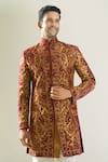 Rng Safawala_Maroon Silk, Shantoon Embroidery, Metallic Thread Achkan And Pant Set _Online_at_Aza_Fashions