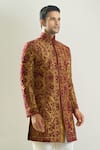 Buy_Rng Safawala_Maroon Silk, Shantoon Embroidery, Metallic Thread Achkan And Pant Set _Online_at_Aza_Fashions