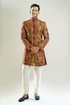 Buy_Rng Safawala_Maroon Silk, Shantoon Embroidery, Metallic Thread Achkan And Pant Set _at_Aza_Fashions