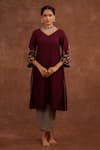 Buy_World of Sugandh_Wine Dupion, Silk Embroidery, Piping V-neck Gulmohar Hand Kurta And Pant Set _at_Aza_Fashions