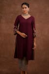 Shop_World of Sugandh_Wine Dupion, Silk Embroidery, Piping V-neck Gulmohar Hand Kurta And Pant Set _at_Aza_Fashions