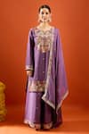 Samyukta Singhania_Purple Chinon Embroidery, Sequins Split V-neck Kurta Sharara Set _at_Aza_Fashions
