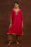 Buy_World of Sugandh_Pink Dupion, Silk Embroidery V-neck Gulchaand Kurta With Pant _at_Aza_Fashions