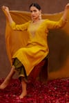 Shop_World of Sugandh_Yellow Dupion, Silk Embroidery Round Neck, Amaltas Hand Kurta Set With Dupatta 