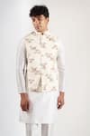 Rng Safawala_Off White Floral Print Bundi With Metal Buttons _Online_at_Aza_Fashions