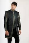 Buy_Rng Safawala_Black Dupion, Silk Textured Achkan And Pant Set 