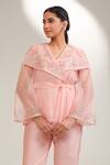 Laxmishriali_Peach Organza, Chanderi Embroidery, Sequins, Harmony Sheer Jacket And Pant Set _Online_at_Aza_Fashions