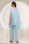 Shop_Laxmishriali_Sky Blue Crepe Embroidery Boat Neck Celestia Asymmetric Kaftan And Pant Set _at_Aza_Fashions