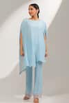 Buy_Laxmishriali_Sky Blue Crepe Embroidery Boat Neck Celestia Asymmetric Kaftan And Pant Set _at_Aza_Fashions