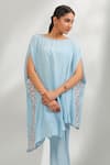 Laxmishriali_Sky Blue Crepe Embroidery Boat Neck Celestia Asymmetric Kaftan And Pant Set _Online_at_Aza_Fashions