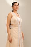 Laxmishriali_Beige Organza, Silk Embroidery Open Neck, Clementine Sheer Jacket And Skirt Set _Online_at_Aza_Fashions