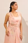Buy_Laxmishriali_Peach Silk, Organza Embroidery, Beads, Sequins Camelia Sheer Jacket Skirt Set _Online_at_Aza_Fashions