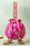 Shop_Amyra_Pink Embroidery, Tassels, Metallic Thread Arith Floral Brocade Potli_at_Aza_Fashions