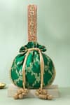 Buy_Amyra_Green Tassels, Embroidery, Sequins, Beads Yasmi Floral Brocade Potli Bag_at_Aza_Fashions