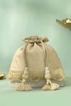 Buy_Amyra_Beige Tassels, Beads, Metallic Thread Nira Katan Silk Woven Potli Bag _at_Aza_Fashions