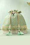 Shop Amyra Green Tassels, Beads, Metallic Thread Ruva Katan Silk Woven Potli Bag at Aza Fashions Shop_Amyra_Green Tassels, Beads, Metallic Thread Ruva Katan Silk Woven Potli Bag_at_Aza_Fashions