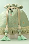 Shop Amyra Green Tassels, Beads, Metallic Thread Ruva Katan Silk Woven Potli Bag Online at Aza Fashions Shop_Amyra_Green Tassels, Beads, Metallic Thread Ruva Katan Silk Woven Potli Bag_Online_at_Aza_Fashions