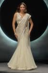 Buy_Couture By Niharika_Ivory Net Embroidery, Sequins V-neck Alvara Pre-draped Saree With Blouse _at_Aza_Fashions