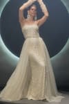 Shop_Couture By Niharika_Ivory Net Sequins, Stones, Embroidery, Beads, Radiara Hand Gown With Trail _Online_at_Aza_Fashions