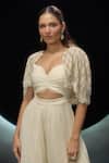 Buy_Couture By Niharika_Ivory Viscose Sweetheart , Open Hand Embroidered Jumpsuit With Cape _Online_at_Aza_Fashions