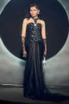Shop_Couture By Niharika_Black Net Sequins, Embroidery Choker Neck Zerain Hand Top And Skirt Set _at_Aza_Fashions
