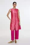 Buy_Ekaya Banaras_Fuchsia Satin, Silk Round Neck Handwoven Long Waistcoat Pant Set _at_Aza_Fashions