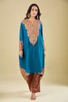 Debyani + CO_Teal Silk Sequins, Beads, Metallic Thread Aastha Pitta Work Kaftan And Pant Set _Online_at_Aza_Fashions