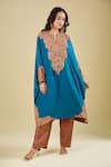 Buy_Debyani + CO_Teal Silk Sequins, Beads, Metallic Thread Aastha Pitta Work Kaftan And Pant Set _at_Aza_Fashions