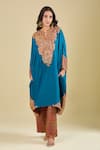 Shop_Debyani + CO_Teal Silk Sequins, Beads, Metallic Thread Aastha Pitta Work Kaftan And Pant Set _Online_at_Aza_Fashions