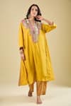 Debyani + CO_Yellow Silk Embroidery, Beads V-neck Yoke Kurta With Pant _Online_at_Aza_Fashions