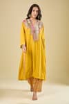 Buy_Debyani + CO_Yellow Silk Embroidery, Beads V-neck Yoke Kurta With Pant _at_Aza_Fashions
