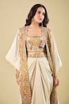 Debyani + CO_Ivory Silk Embroidery, Zari Open , Square Hand Cape Skirt Set _Online_at_Aza_Fashions