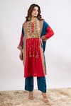 Buy_Debyani + CO_Red Embroidery, Sequins, Tassels Round Neck Stripe Pattern Kaftan And Pant Set _at_Aza_Fashions
