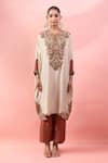 Shop_Debyani + CO_Ivory Embroidery, Beads Round Neck Aastha Pitta Work Kaftan With Pant _Online_at_Aza_Fashions