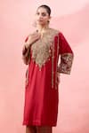 Debyani + CO_Red Embroidery, Sequins, Beads, Tassels Notched Meena Pitta Work Kurta With Pant _Online_at_Aza_Fashions