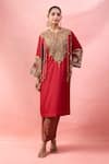 Buy_Debyani + CO_Red Embroidery, Sequins, Beads, Tassels Notched Meena Pitta Work Kurta With Pant _at_Aza_Fashions
